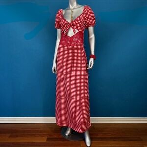 🆕️❤️ THE FROLIC Red Gingham Satin Maxi Dress w/ Lace Cut Out // (NWT)